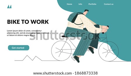 Bike to work. Modern man in suit is riding on bike in a city street.  Urban hipster bicycles. Active business person. Social media landing page heading concept. Template for website, poster, banner