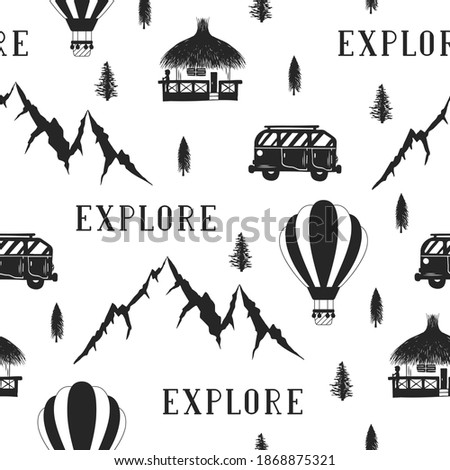 Hand drawn Wanderlust seamless pattern with pine trees, bus, hot air balloon and mountains. Vector isolated explore and travel texture.