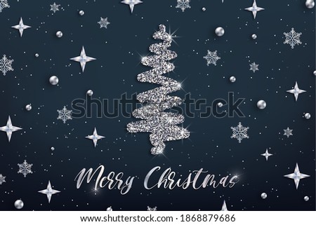 Merry Christmas silver greeting card template. Hand drawn stylized Christmas tree with metal glitter effect on dark blue decorated background. New Year Vector illustration for web banner, print design