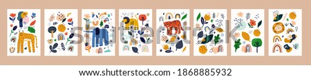 Spring floral posters with abstract shapes, flowers and animals. Baby animals posters. Fabric pattern. Vector illustration with cute animals. Nursery baby prints illustration Royalty-Free Stock Photo #1868885932
