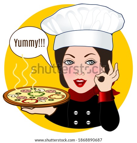 woman cook holds in hand a round pizza with about sweet bell pepper, sausage and olives and the other hand shows italian sign very tasty, belissimo, clip art on white isolated background