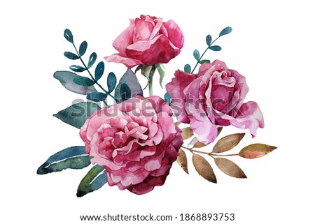 Watercolor flower bouquet. Handpainted pink roses with green leaves on the white background Royalty-Free Stock Photo #1868893753