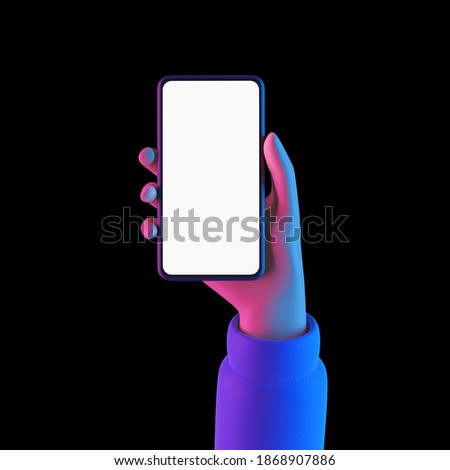 Cartoon hand holding smartphone with white blank screen over black background with neon light. 3d render illustration