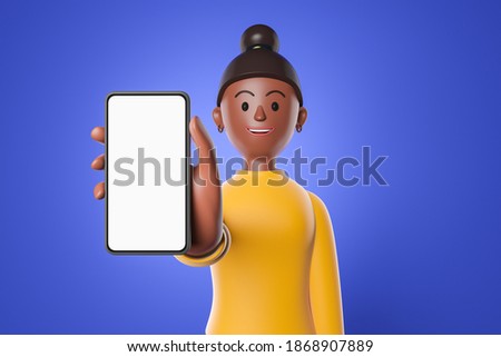 Cartoon black african american woman showing large smartphone with white blank screen over blue background. 3d render illustration