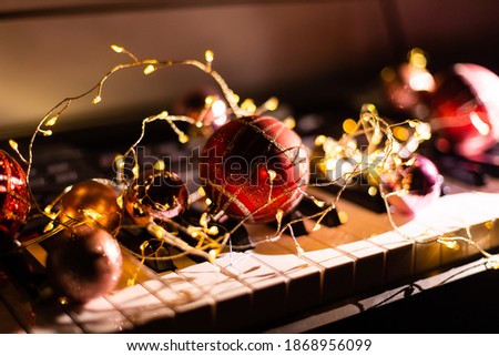 Piano with beautiful Christmas decor, closeup happy new year