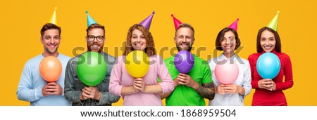 Collage of laughing men and women wearing vibrant party hats and holding colorful balloons congratulating on Happy Birthday on yellow background