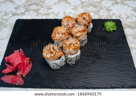 Delicious, juicy and appetizing rolls with tender shrimp