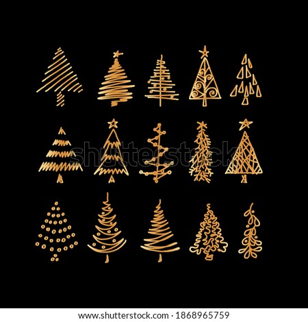 Vector set with Christmas tree. Golden Christmas trees.