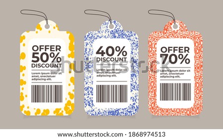 Colorful hand drawn textures style tags set. Sale labels Vector design