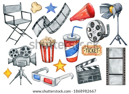 Watercolor hand painted Movie Night set. Cinematography, shooting, stars, ticket, popcorn, movies. Illustration isolated on white background. Use it for postcards, invitations, and scrapbooking.