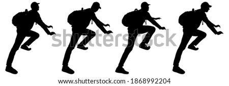 Climber with a backpack on his back and a baseball cap. Tourist climbs up the slope. Man lifted his leg and stretches forward. Hiking. Four black male silhouettes are isolated on a white background.