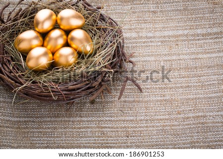 Gold eggs in nest from hay close-up