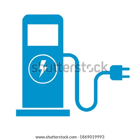 Blue flat icon of electric refueling on white background.