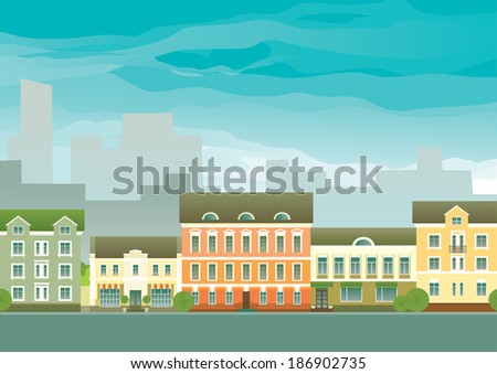 Real estate background. Vector of houses on town street different architectural styles 