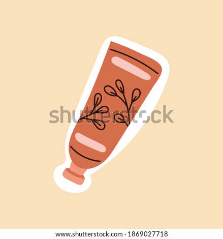 Orange outline cream tube on beige background. Concept of doodle beauty accessories for poster, banner, ads, sticker, clipart. Flat cartoon vector illustration