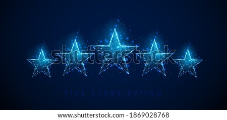 5  stars rating. Abstract blue stars. Low poly style design. Abstract geometric background. Wireframe light connection structure. Modern 3d graphic concept. Isolated vector illustration.