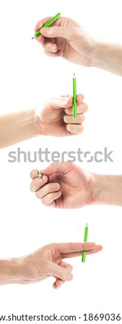 The hand holds a small green pencil. Close up. Isolated on white background.