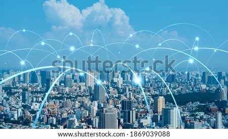 Smart city and communication network concept. 5G. LPWA (Low Power Wide Area). Wireless communication. Royalty-Free Stock Photo #1869039088