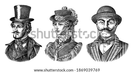 Victorian and woman gentleman with hat and mustache. Belgian Man and lady in vintage retro style. Vector illustration. Antique old monochrome character. Hand drawn engraved retro sketch.