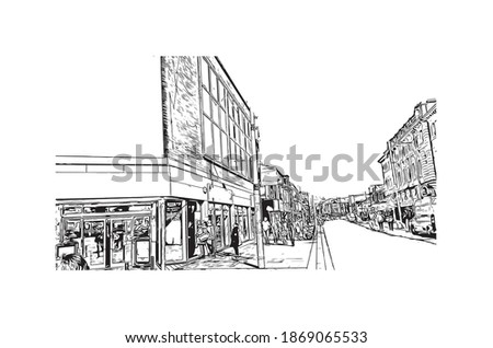 Building view with landmark of Blackpool is a seaside resort on the Irish Sea coast of England. Hand drawn sketch illustration in vector.