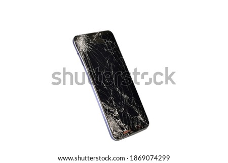 Cracked screen phone isolated on white background with clipping path