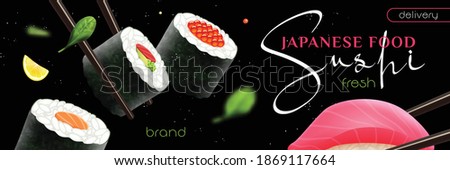 Realistic sushi poster with Japanese food delivery symbols vector illustration Royalty-Free Stock Photo #1869117664