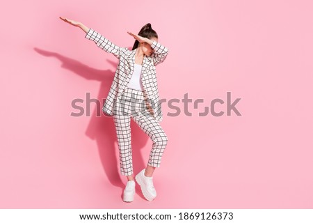 Full length photo of young woman dance make dab move enjoy party isolated over pastel color background