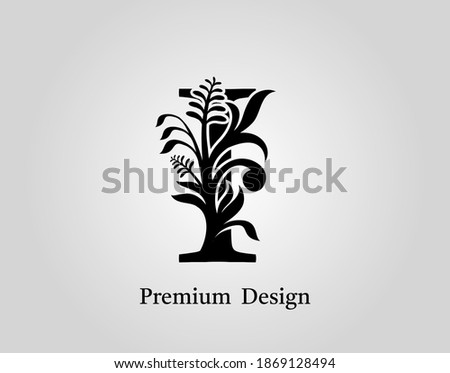 Elegant Letter I Floral Design. Vintage Calligraphic Alphabetical Icon for book design, brand name, stamp, Restaurant, Boutique, Notary, Hotel.  
