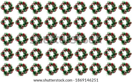 Decorative Christmas wreath woven of pine branches with red berries and pine cones covered with snow. Seamless pattern. Isolated on white background. Top view. Winter holiday decoration concept.