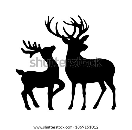 Vector black all body deer stag reindeer with antlers.Outline silhouette stencil drawing illustration isolated on white background .Sticker.T shirt print.Plotter Cutting. Laser cut. Christmas decor