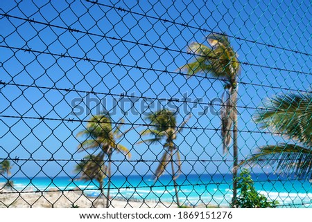 tropical sea and coconut trees after iron chain fence             