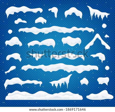 Snow vector caps. Snowballs and snowdrifts set. Snow cap vector collection. Winter element. Christmas window, roof, chimney etc. cartoon flat decoration with snowflakes, icicles isolated on blue.  Royalty-Free Stock Photo #1869171646