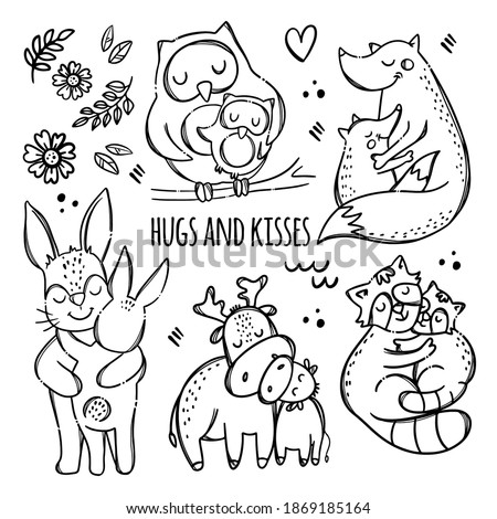 HUGS AND KISSES, TEXT. Cute Animals Hug And Kiss Their Children. Monochrome Hand Drawn Clip Art Vector Illustration Set For Print
