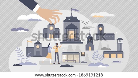 Municipality authority with administrative buildings set tiny person concept. Hospital, town hall, church, fire or bus station and police department as government public buildings vector illustration. Royalty-Free Stock Photo #1869191218