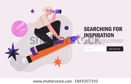 Woman designer flying on pencil . Creative or educational process banner, ad, landing page or poster for web design studio, startup or courses. Generating ideas, imagination, inspiration concept. Royalty-Free Stock Photo #1869207310