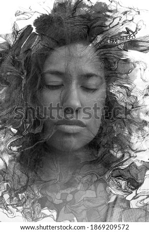 A black and white abstract paintography portrait of a young woman with curly hair and closed eyes