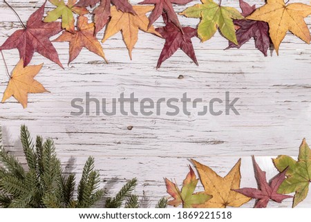 Copy space with dry leaves on wood