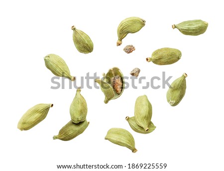 Cardamom pods whole and chopped fly on a white background. Isolated Royalty-Free Stock Photo #1869225559