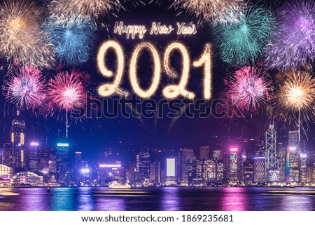 Happy new year 2021 firework over cityscape building near sea at night time celebration,mock up Banner for advertise on social media
