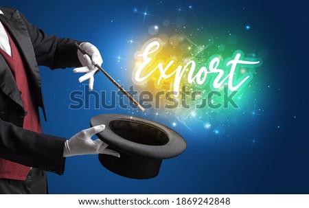Magician hand conjure with wand and Export inscription, shopping concept
