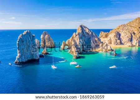 Aerial view of the Arch (El Arco) of Cabo San Lucas, Mexico, at the southernmost tip of the Baja California peninsula Royalty-Free Stock Photo #1869263059