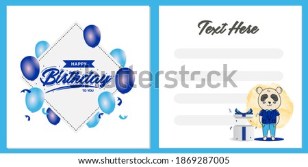 Square birthday party invitation card template design with panda character design