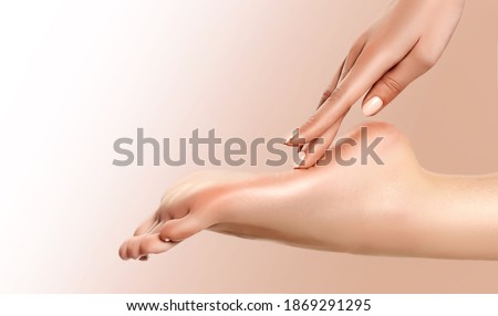 Perfect clean female foot . Beautiful and elegant groomed girl's hand touches her feet . Spa ,scrub and leg care . Royalty-Free Stock Photo #1869291295