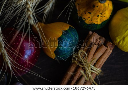 Thanksgiving card concept with autumnal hatvest vegetable, fruits and nuts on rustic wooden background with copy space