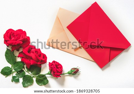 flowers red roses in postal envelope and blank sheet with space for text on pink paper background. Top view, flat lay