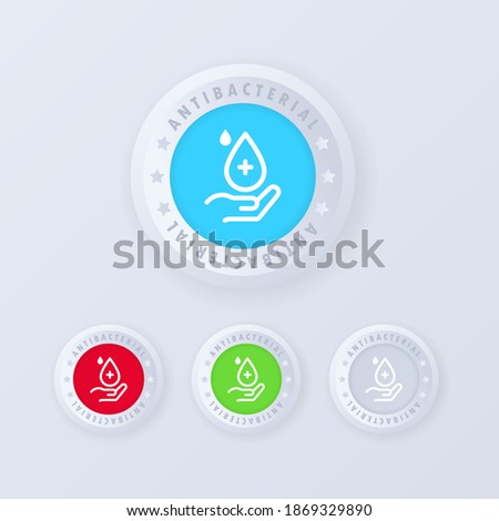 Antibacterial soap icon set. Antibacterial button in 3d style. Hand with drop. Hygiene product icon. Vector illustration