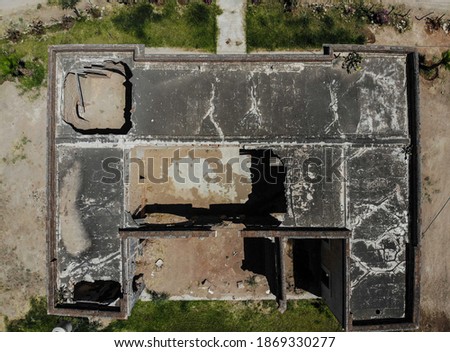 Aerial view of old ruined hacienda and windmill in Codorachi, Sonora, Mexico

