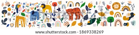 Decorative abstract horizontal banner with colorful doodles. Hand-drawn Abstract doodles. Baby animals pattern. Fabric pattern. Vector illustration with cute animals. Nursery baby pattern illustration