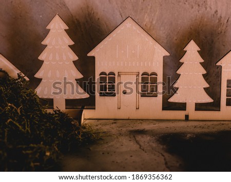 Wooden houses and tree cards 