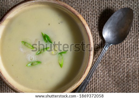 Leek soup with shallots and green onions. Above shot.
